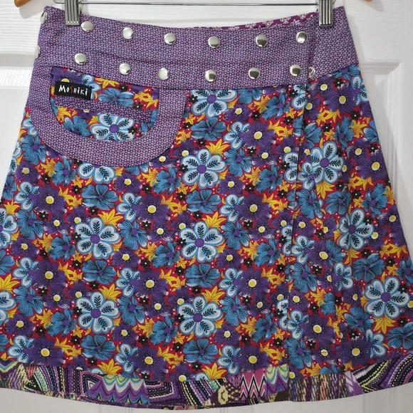 Moshiki (or Miriki/Gugi) Reversible Floral Cotton Wrap Mini Skirt Snap OSFM S-XL - Picture 6 of 13
